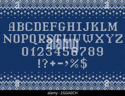 Sweater font. Knitted letters, numbers and symbols for Christmas,  New Year or winter. Alphabet and scandinavian ornaments on blue knit background. Stock Vector