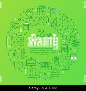 Zero waste banner with line icons and place for text. Template for recycling, reusable items, save the Planet and eco lifestyle concepts. Stock Vector