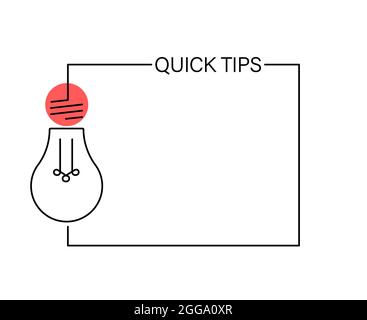 Minimal Quick Tips icon with light bulb. Flat linear trend simple logotype graphic web banner design isolated on white Stock Vector