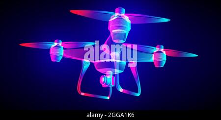 Flying drone with an aerial photo or action video camera. Outline vector Quadrocopter wireframe in a fluorescent neon line art style. 3D abstract illu Stock Vector