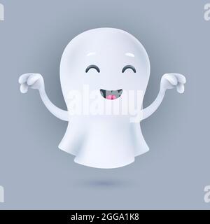 Cute cartoon flying ghost in a frightening pose. Friendly phantom icon. Smiling 3D character with raised hands. Vector illustration of a soul in a whi Stock Vector