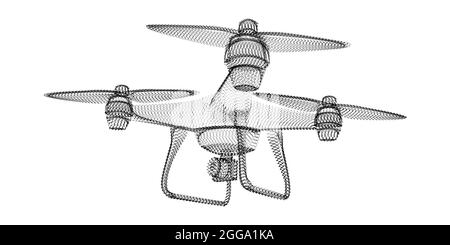 Drone silhouette consisting of black dots and particles. 3D vector wireframe of a Quadrocopter with a grain texture. Abstract geometric icon with dott Stock Vector