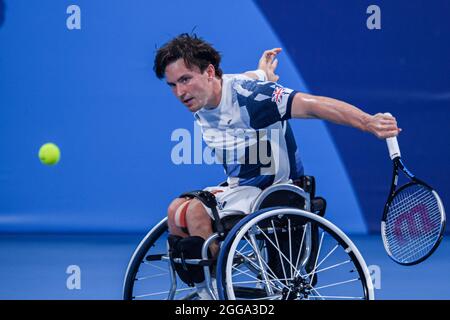 TOKYO, JAPAN. 30th Aug,2021. Gordon Ried  of Great Britain and Takashi Sanada of Japan  compete in Men’s Singles 3rd Round  during Wheelchair Tennis competition of the Tokyo 2020 Paralympic games at Ariake Tennis Park on Monday, August 30, 2021 in TOKYO, JAPAN. Credit: Taka G Wu/Alamy Live News Stock Photo