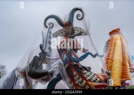 Valencia, Spain. August 30, 2021. Ninots de la falla Convent of Jerusalen protected from the rain before the official start of the Las Fallas festival Stock Photo