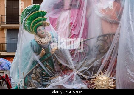 Valencia, Spain. August 30, 2021. Ninots de la falla Convent of Jerusalen protected from the rain before the official start of the Las Fallas festival Stock Photo