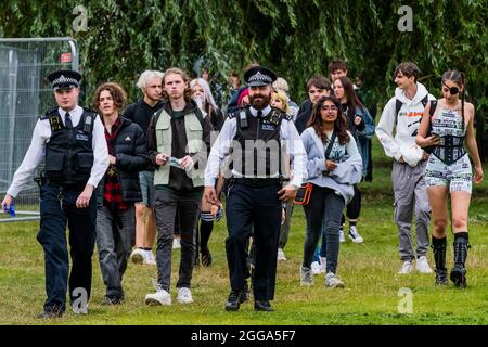 London, UK. 30th Aug, 2021. There is an obvous police presenece - ALT LDN by Live Nation a Hip-Hop/Rap and R&B/Soul mini festival as part of a Bank holiday weekend of events on Clapham Common. it is a grey day and numbers are expected to be well below capacity. Credit: Guy Bell/Alamy Live News Stock Photo