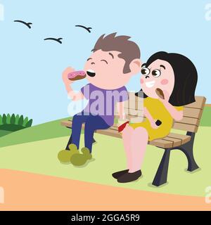 Couple sitting on a bench in park enjoying picnic lunch on a sunny day Stock Vector