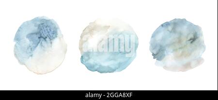 Set of blue watercolor paint stain background hand painted. Abstract circle shape watercolor texture isolated on white background. Stock Vector