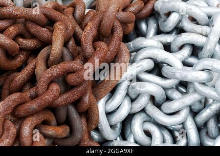 Closeup of old and new nautical anchor chains Stock Photo