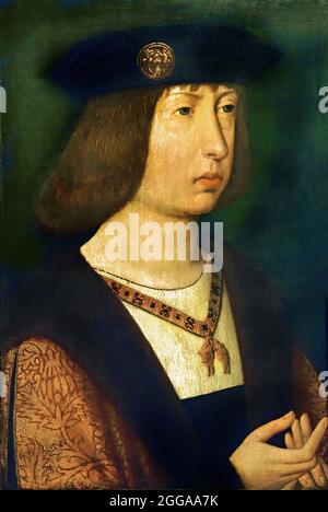Portrait of  Philip the Fair 1500 Duke of Burgundy France French Southern  Netherlands Dutch, The Netherlands . ( Philip the Handsome - Philipthe Fair,  1478 –  1506 Philip the Fair, was ruler of the Burgundian Netherlands and titular Duke of Burgundy from 1482 to 1506 and the first Habsburg King of Castile (as Philip I) for a brief time in 1506. ) Portrait of Philip the Handsome, Duke of Burgundy" (circa 1500) by an anonymous Southern Netherlands master, showcasing the ruler wearing the prestigious collar badge of the Order of the Golden Fleece Stock Photo