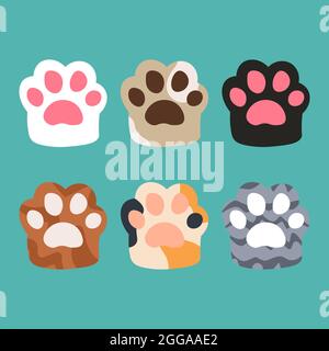 Collection different cartoon colored cat paws. Cute cartoon animal foot. Cat paws vector illustration. Set kitten paw or dog paw icons. Stock Vector