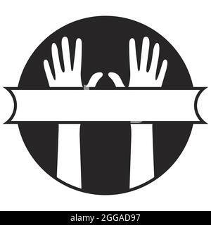 Two hands close-up. Black circle background. Isolated white silhouettes. Right and left human hands. Palms up. Hand fragments from wrist to fingertips Stock Vector
