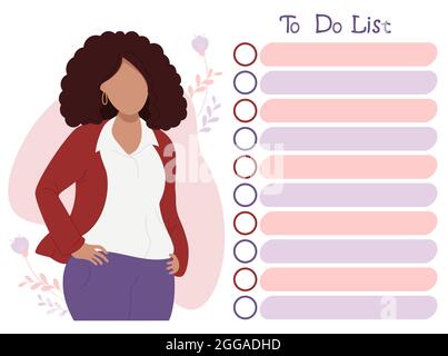 To-do list and black woman. cute ethnic girl on decorative background looks at to-do list. Vector. Note paper, day planning, time management, organize Stock Vector