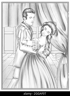 Man In Suit Holding Woman In Dress Dancing Together Colorless Line Drawing. Gentleman And Lady Dances On The Stage With Curtain Coloring Book Page.