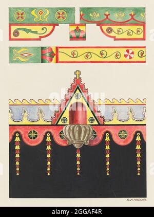 Wall and Ceiling Decorations, and Holy Water Font; Restoration Drawing, 1936. Stock Photo