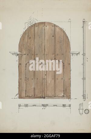 Restoration Drawing of Original &quot;Needle's Eye&quot;Doors, Formerly Main Entrance Doors of, c. 1936. Stock Photo