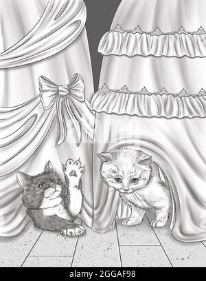 Two Small Cats Playing And Hiding Below Party Dress Colorless Line Drawing. Domesticated Feline Plays Under Gown Coloring Book Page. Stock Photo