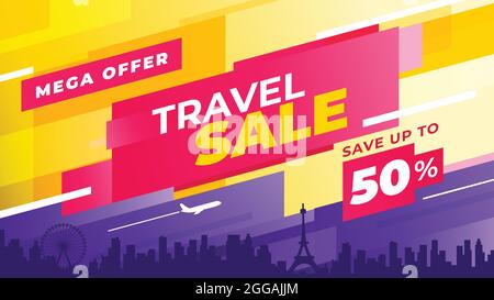 Travel sale Offer. Colorful travel template to use in your design as a flyer, print or banner. Save up to 50% off. Horizontal composition. Stock Vector