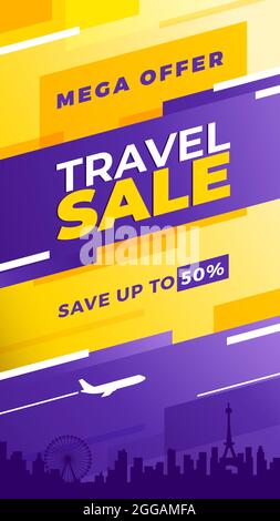 Travel sale Offer. Colorful travel instagram stories template. To use in your design as a flyer, print or banner. Save up to 50% off. Vertical. Stock Vector