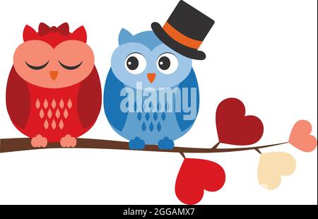 Cute Owls in Love Sitting On Branch with Heart Shaped Leaves. Vector Couple of Sweet Owls Stock Vector