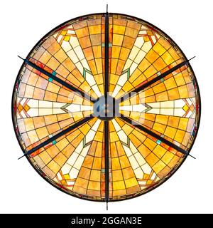 Top view of a large illuminated art deco ceiling lamp isolated on white Stock Photo