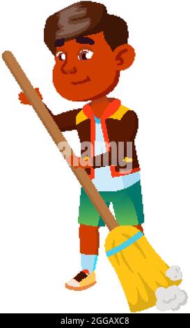 Boy Child Cleaning House Floor With Broom Vector Stock Vector