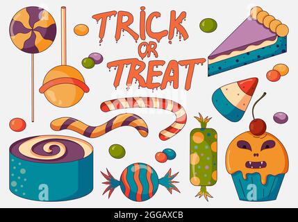 Concept illustration of trick or treat candy mix, halloween party with spooky bonbons, pies and cupcakes in a flat style isolated on a white Stock Vector