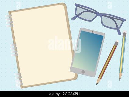 Notebook Drawing With Mobile Device Eyeglasses Two Pencils. Notepad Design Beside Phone Sunglasses Pair Of Pens Showing Organized Table. Stock Vector
