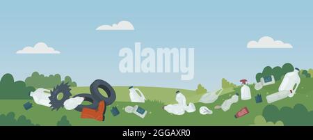 Dump garbage trash on green grass meadow vector illustration. Cartoon nature pollution, landscape polluted with plastic bottle packaging, car tires, broken shoes light bulbs and cans background Stock Vector