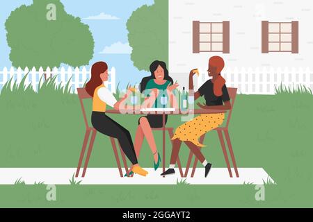 Girl friends drink wine in summer backyard, female friendship vector illustration. Cartoon woman neighbor characters have fun on home party, sitting at table and drinking wine from glasses background Stock Vector