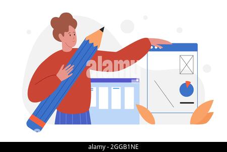 People working on app web development vector illustration. Cartoon man developer character holding big pencil in hand to develop and work with graphic interface, website application isolated on white Stock Vector