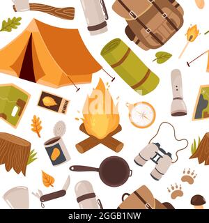 Camp outdoor adventure, hiking camping seamless pattern vector illustration. Cartoon cute equipment for summer tourism and fishing, camper tent backpack campfire compass isolated on white Stock Vector