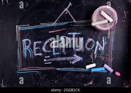 Graphical representation of written receipt, performed with chalk on blackboard Stock Photo