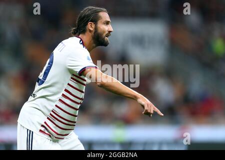 Milano, Italy. 29 August 2021. Leonardo Pavoletti of Cagliari Calcio  gestures during the Serie A match between Ac Milan and Cagliari Calcio at Stadio Giuseppe Meazza  . Stock Photo