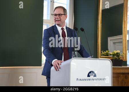 Copenhagen, Denmark., 30  August 2021, /Denmark's finance minister Nocolai Wemmen presents Denmark's national state budget 2022 today at ministry of f Stock Photo