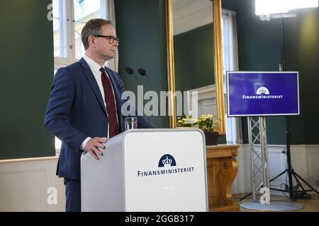 Copenhagen, Denmark., 30  August 2021, /Denmark's finance minister Nocolai Wemmen presents Denmark's national state budget 2022 today at ministry of f Stock Photo