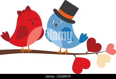 Cute Birds in Love Sitting On Branch with Heart Shaped Leaves. Vector Couple of Sweet Birds Stock Vector