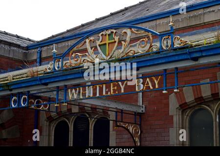 WHITLEY BAY. TYNE and WEAR. ENGLAND. 05-27-21. The wrought iron and glass entrance canopy to the metro railway station. Stock Photo