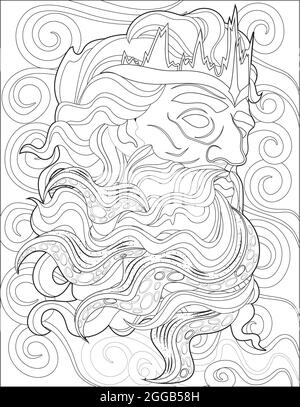 Greek God Zeus Head Line Drawing Surrounded By Strong Winds Watching Beautiful View. Archetype Of The Sky Face Drawing Enclosed With Just Looking For Stock Vector