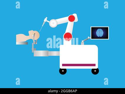 Robotic assisted for brain surgery. Minimally invasive in neurosurgery. Robot with arm and computer display. Stock Vector