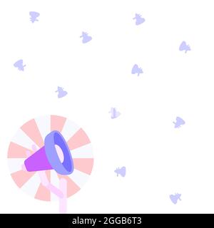 Illustration Of Small Pole Megaphone With Sun Raises Softly Making New Announcements In Open Space. Bullhorn On A Rod Gently Promoting Late Stock Vector