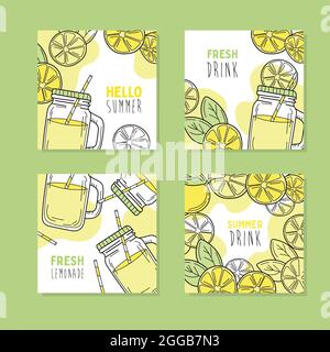 Set of 4 hand drawn cards. Yellow lemons and lemonade in glass jar. Fresh summer drink. Detox and healthy life. Stock Vector