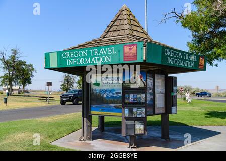 Oregon Travel Information booth at a highway rest stop. Oregon, USA. Stock Photo