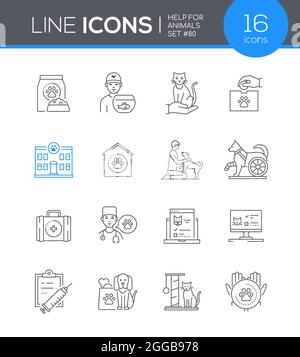 Help for animals - modern line design style icon set. Pictures dedicated to veterinary clinic and pet care. Food, cat, dog, hospital, mans friend, doc Stock Vector