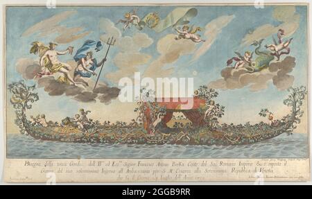 The highly ornamented third gondola of Francesco Antonio Berka entering Venice, Gods on clouds in the upper section, 1700. Stock Photo