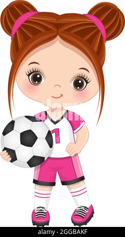 Cute Little Redheaded Girl Holding Soccer Ball. Vector Girl with Football Ball Stock Vector