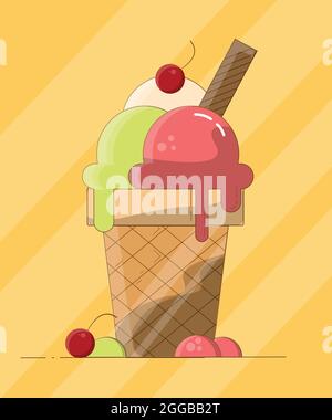 Vector illustration of cartoon ice cream waffle cup with scoops of pink, neon green and white ice cream decorated with waffle cone and cherry Stock Vector