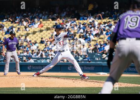 Los Angeles Dodgers relief pitcher Joe Kelly (17) throws during a MLB game against the Colorado Rockies, Sunday, August 28, 2021, in Los Angeles, CA. Stock Photo