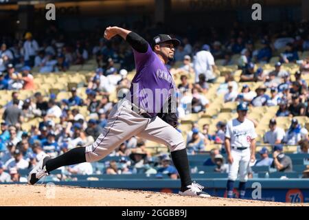 during a MLB game, Sunday, August 28, 2021, in Los Angeles, CA. The Rockies defeated the Dodgers 5-0. (Jon Endow/Image of Sport) Stock Photo