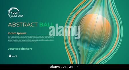 3D vector coloful ball in line cage. Green and orange outline around sphere. Abstract web banner, background Stock Vector